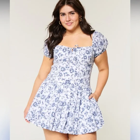 Hollister Sofia Drop-Waist Bubble Skort Dress White & Blue Floral Large - Picture 3 of 11